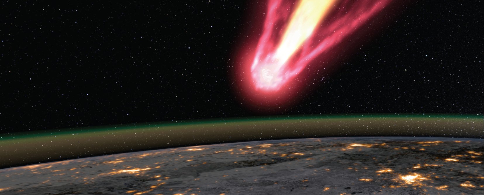 Zdjęcie przedstawia  zbliżającą się do Ziemi asteroidę, płonącą na tle czarnego kosmosu.