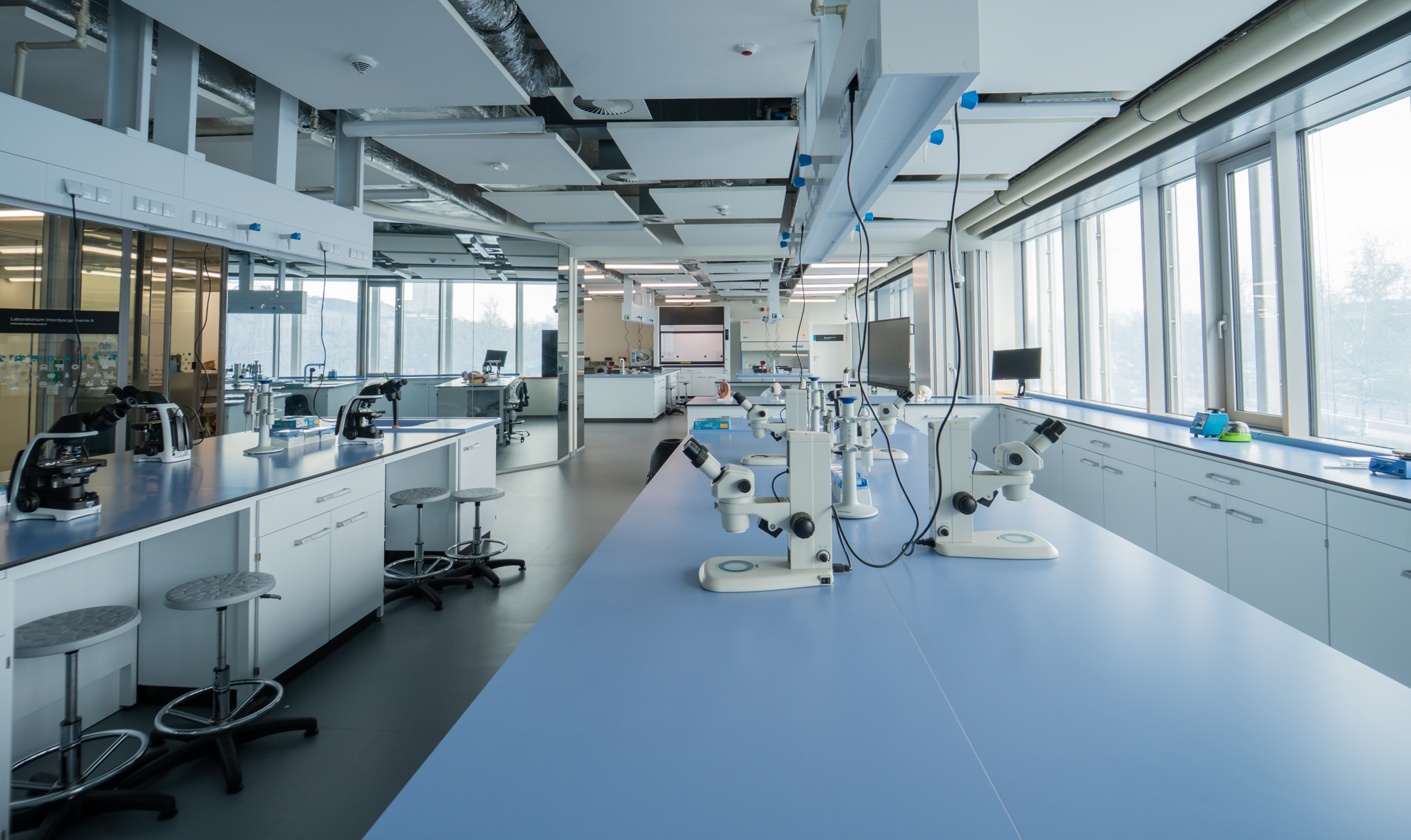 Zdjęcie przedstawia duże pomieszczenie z oknami, stanowiskami pracy, sprzętem (między innymi mikroskopami) i innymi urządzeniami do prowadzenia badań interdyscyplinarnych.