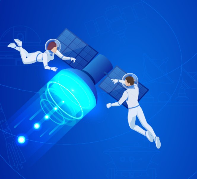 Utrzymana w granatowoniebieskiej tonacji grafika przedstawia dwoje kosmonautów unoszących się w przestrzeni kosmicznej w stanie nieważkości z obu stron satelity.