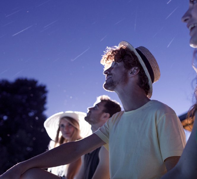  Grafika przedstawia ludzi patrzących w nocne niebo, na którym widać spadające gwiazdy.